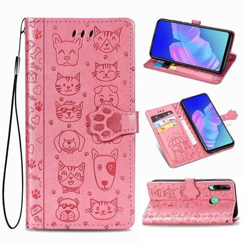 Embossing Dog Paw Kitten and Puppy Leather Wallet Case for Huawei Y7p - Pink