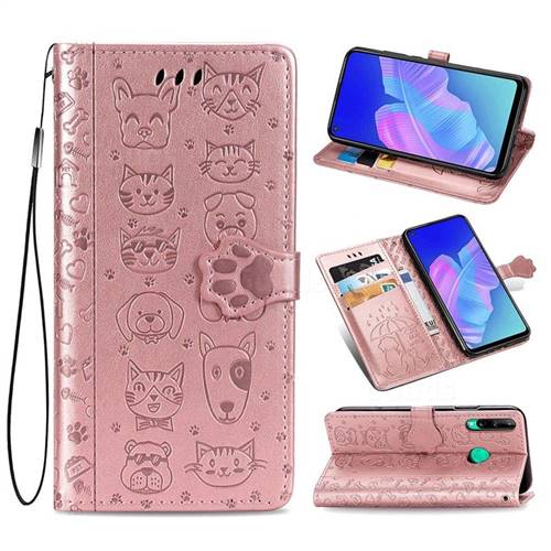 Embossing Dog Paw Kitten and Puppy Leather Wallet Case for Huawei Y7p - Rose Gold