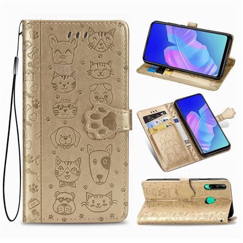 Embossing Dog Paw Kitten and Puppy Leather Wallet Case for Huawei Y7p - Champagne Gold