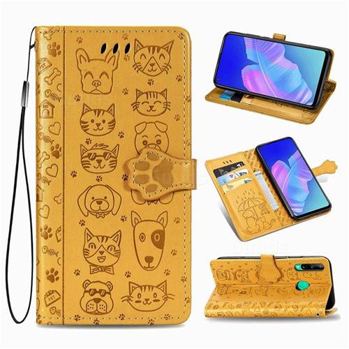Embossing Dog Paw Kitten and Puppy Leather Wallet Case for Huawei Y7p - Yellow
