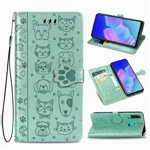 Embossing Dog Paw Kitten and Puppy Leather Wallet Case for Huawei Y7p - Green