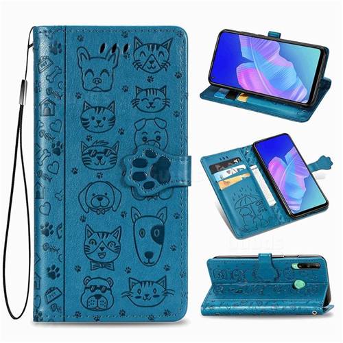 Embossing Dog Paw Kitten and Puppy Leather Wallet Case for Huawei Y7p - Blue