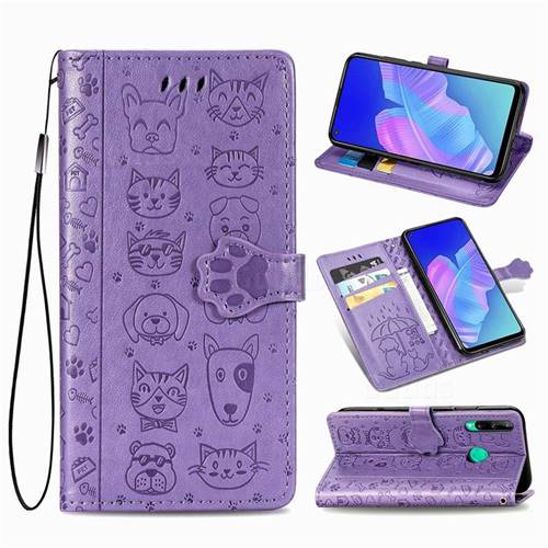 Embossing Dog Paw Kitten and Puppy Leather Wallet Case for Huawei Y7p - Purple