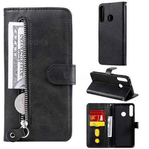 Retro Luxury Zipper Leather Phone Wallet Case for Huawei Y7p - Black