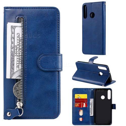 Retro Luxury Zipper Leather Phone Wallet Case for Huawei Y7p - Blue