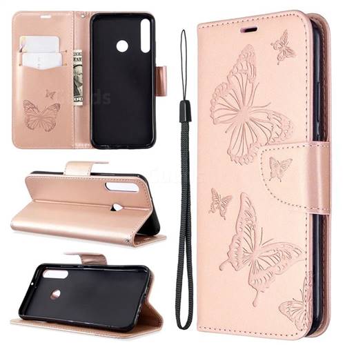 Embossing Double Butterfly Leather Wallet Case for Huawei Y7p - Rose Gold