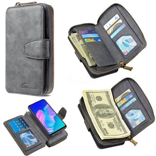 Binfen Color Retro Buckle Zipper Multifunction Leather Phone Wallet for Huawei Y7p - Gray