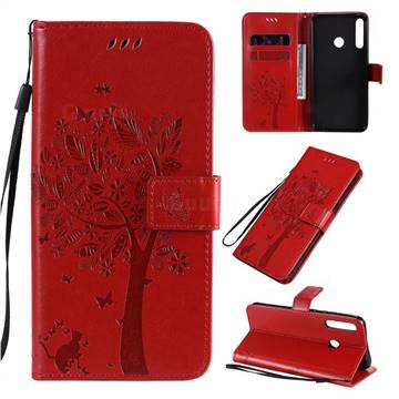 Embossing Butterfly Tree Leather Wallet Case for Huawei Y7p - Red