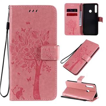 Embossing Butterfly Tree Leather Wallet Case for Huawei Y7p - Pink
