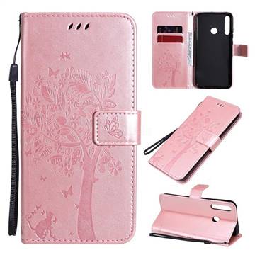 Embossing Butterfly Tree Leather Wallet Case for Huawei Y7p - Rose Pink