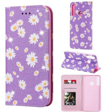 Ultra Slim Daisy Sparkle Glitter Powder Magnetic Leather Wallet Case for Huawei Y7p - Purple
