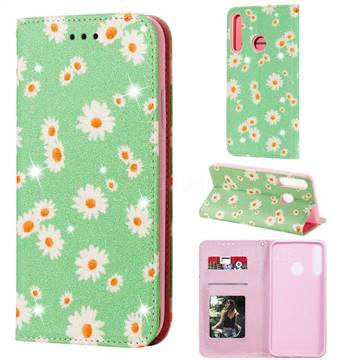 Ultra Slim Daisy Sparkle Glitter Powder Magnetic Leather Wallet Case for Huawei Y7p - Green