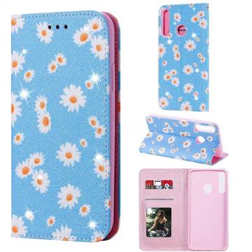 Ultra Slim Daisy Sparkle Glitter Powder Magnetic Leather Wallet Case for Huawei Y7p - Blue