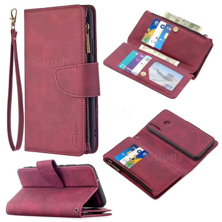Binfen Color BF02 Sensory Buckle Zipper Multifunction Leather Phone Wallet for Huawei Y7p - Red Wine