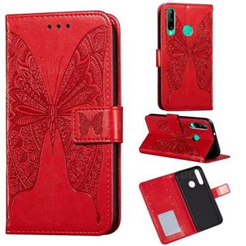 Intricate Embossing Vivid Butterfly Leather Wallet Case for Huawei Y7p - Red