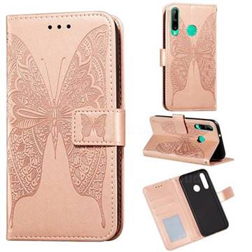Intricate Embossing Vivid Butterfly Leather Wallet Case for Huawei Y7p - Rose Gold