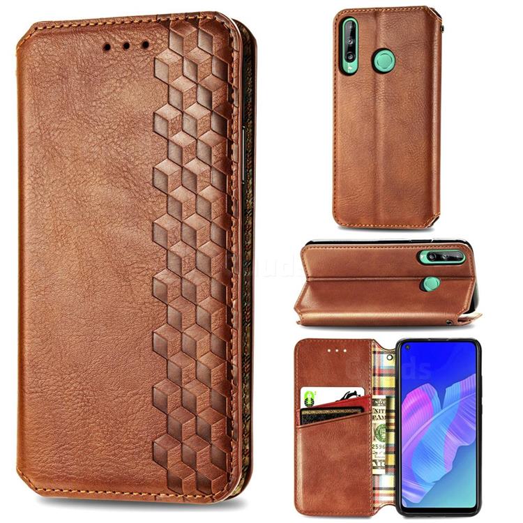 Ultra Slim Fashion Business Card Magnetic Automatic Suction Leather Flip Cover for Huawei Y7p - Brown