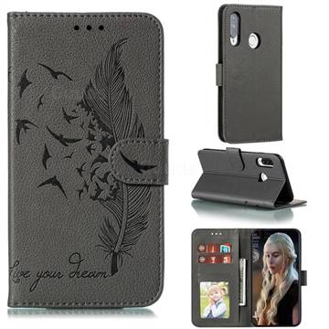 Intricate Embossing Lychee Feather Bird Leather Wallet Case for Huawei Y7p - Gray