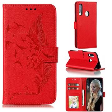 Intricate Embossing Lychee Feather Bird Leather Wallet Case for Huawei Y7p - Red