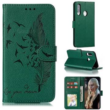 Intricate Embossing Lychee Feather Bird Leather Wallet Case for Huawei Y7p - Green