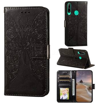 Intricate Embossing Rose Flower Butterfly Leather Wallet Case for Huawei Y7p - Black
