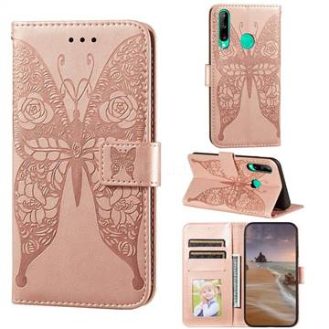 Intricate Embossing Rose Flower Butterfly Leather Wallet Case for Huawei Y7p - Rose Gold