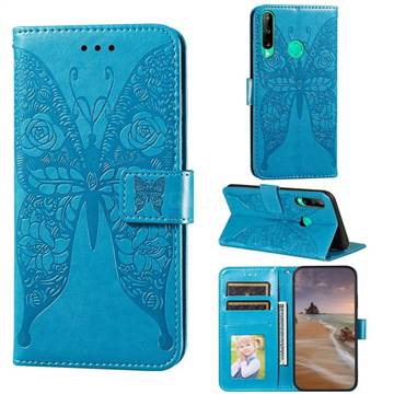 Intricate Embossing Rose Flower Butterfly Leather Wallet Case for Huawei Y7p - Blue