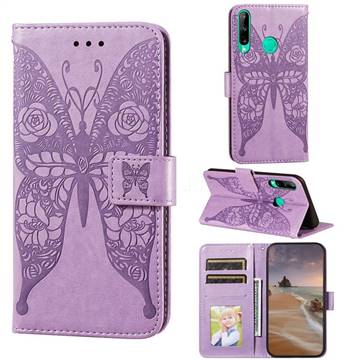 Intricate Embossing Rose Flower Butterfly Leather Wallet Case for Huawei Y7p - Purple