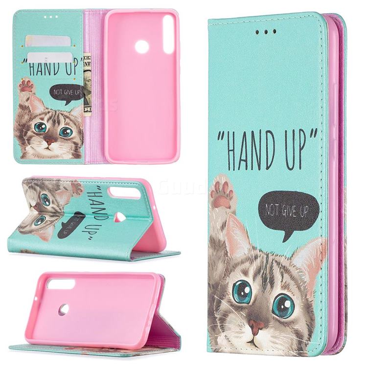 Hand Up Cat Slim Magnetic Attraction Wallet Flip Cover for Huawei Y7p