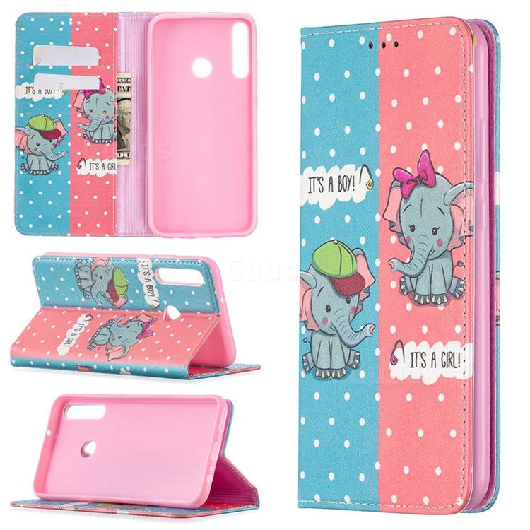 Elephant Boy and Girl Slim Magnetic Attraction Wallet Flip Cover for Huawei Y7p