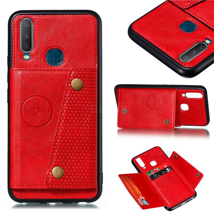 Retro Multifunction Card Slots Stand Leather Coated Phone Back Cover for Huawei Y7p - Red
