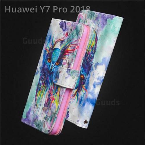 Watercolor Owl 3D Painted Leather Wallet Case for Huawei Y7 Pro (2018) / Y7 Prime(2018) / Nova2 Lite