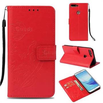 Embossing Butterfly Flower Leather Wallet Case for Huawei Y7 Pro (2018) / Y7 Prime(2018) / Nova2 Lite - Red
