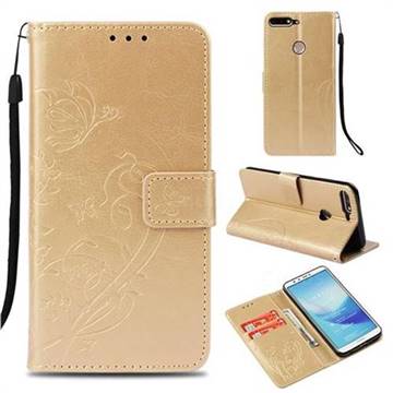 Embossing Butterfly Flower Leather Wallet Case for Huawei Y7 Pro (2018) / Y7 Prime(2018) / Nova2 Lite - Champagne