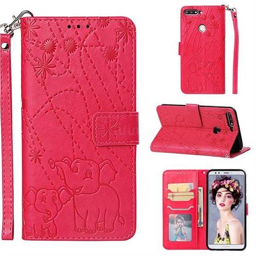 Embossing Fireworks Elephant Leather Wallet Case for Huawei Y7 Pro (2018) / Y7 Prime(2018) / Nova2 Lite - Red