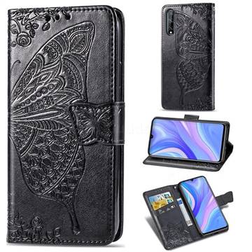 Embossing Mandala Flower Butterfly Leather Wallet Case for Huawei Y8p - Black