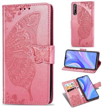 Embossing Mandala Flower Butterfly Leather Wallet Case for Huawei Y8p - Pink