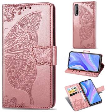 Embossing Mandala Flower Butterfly Leather Wallet Case for Huawei Y8p - Rose Gold