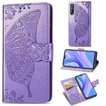 Embossing Mandala Flower Butterfly Leather Wallet Case for Huawei Y8p - Light Purple