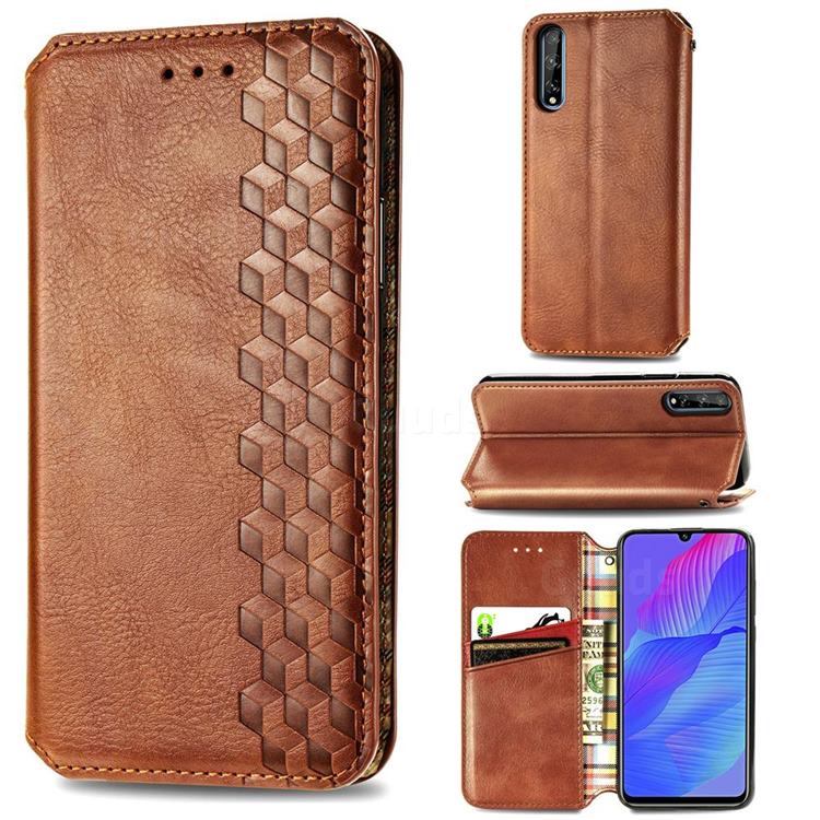 Ultra Slim Fashion Business Card Magnetic Automatic Suction Leather Flip Cover for Huawei Y8p - Brown