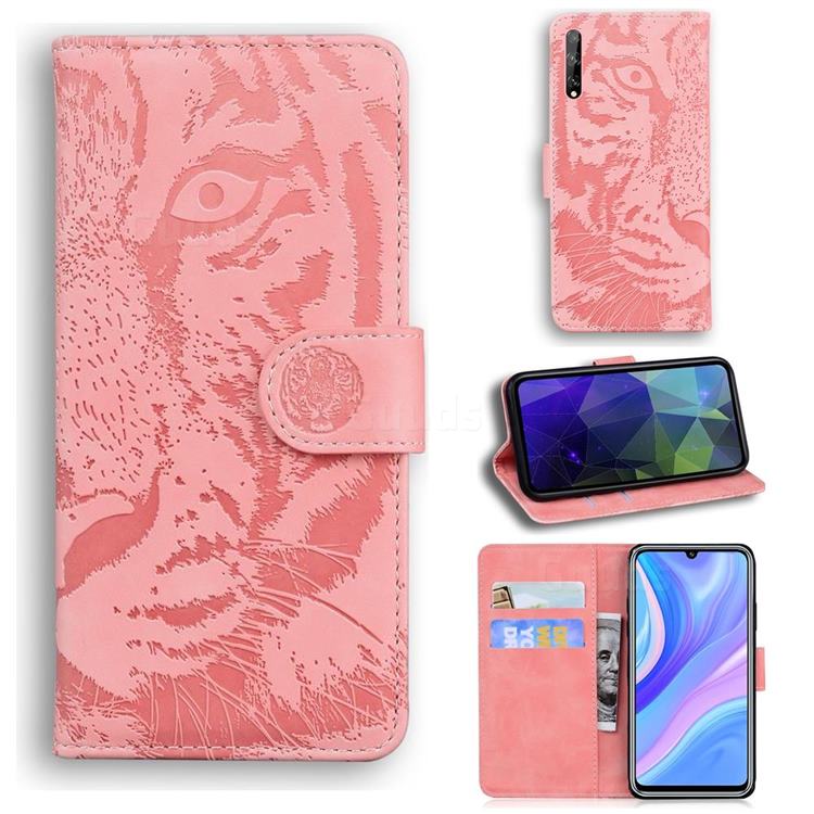 Intricate Embossing Tiger Face Leather Wallet Case for Huawei Y8p - Pink