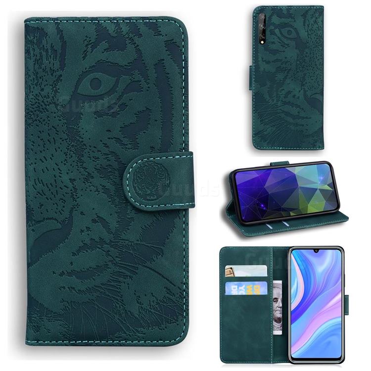 Intricate Embossing Tiger Face Leather Wallet Case for Huawei Y8p - Green