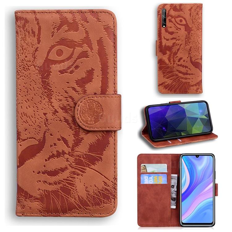 Intricate Embossing Tiger Face Leather Wallet Case for Huawei Y8p - Brown