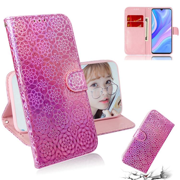 Laser Circle Shining Leather Wallet Phone Case for Huawei Y8p - Pink