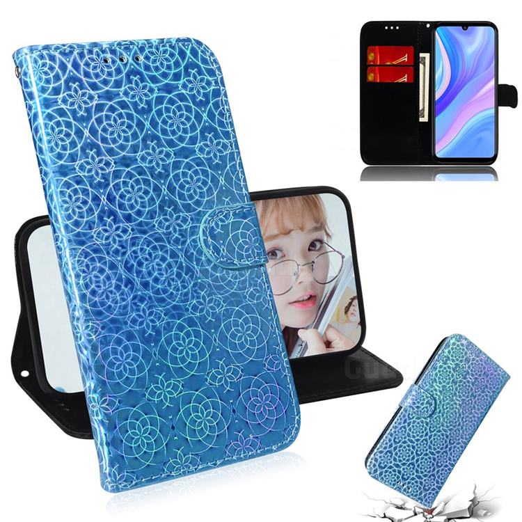Laser Circle Shining Leather Wallet Phone Case for Huawei Y8p - Blue