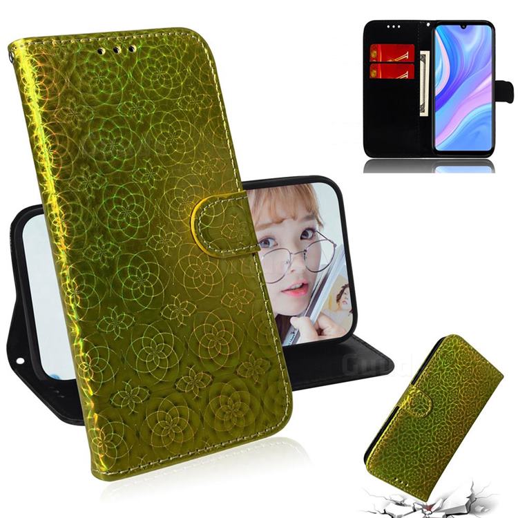Laser Circle Shining Leather Wallet Phone Case for Huawei Y8p - Golden