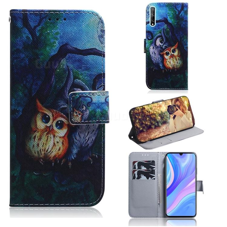 Oil Painting Owl PU Leather Wallet Case for Huawei Y8p