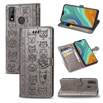 Embossing Dog Paw Kitten and Puppy Leather Wallet Case for Huawei Y8s - Gray