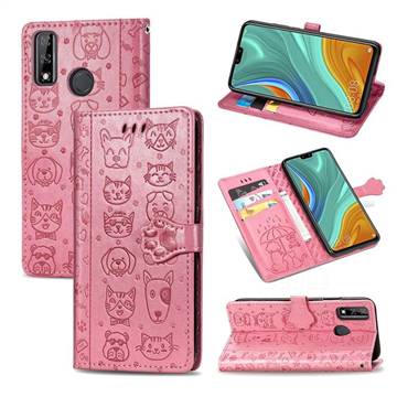 Embossing Dog Paw Kitten and Puppy Leather Wallet Case for Huawei Y8s - Pink