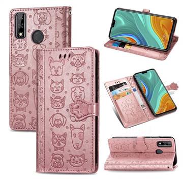 Embossing Dog Paw Kitten and Puppy Leather Wallet Case for Huawei Y8s - Rose Gold